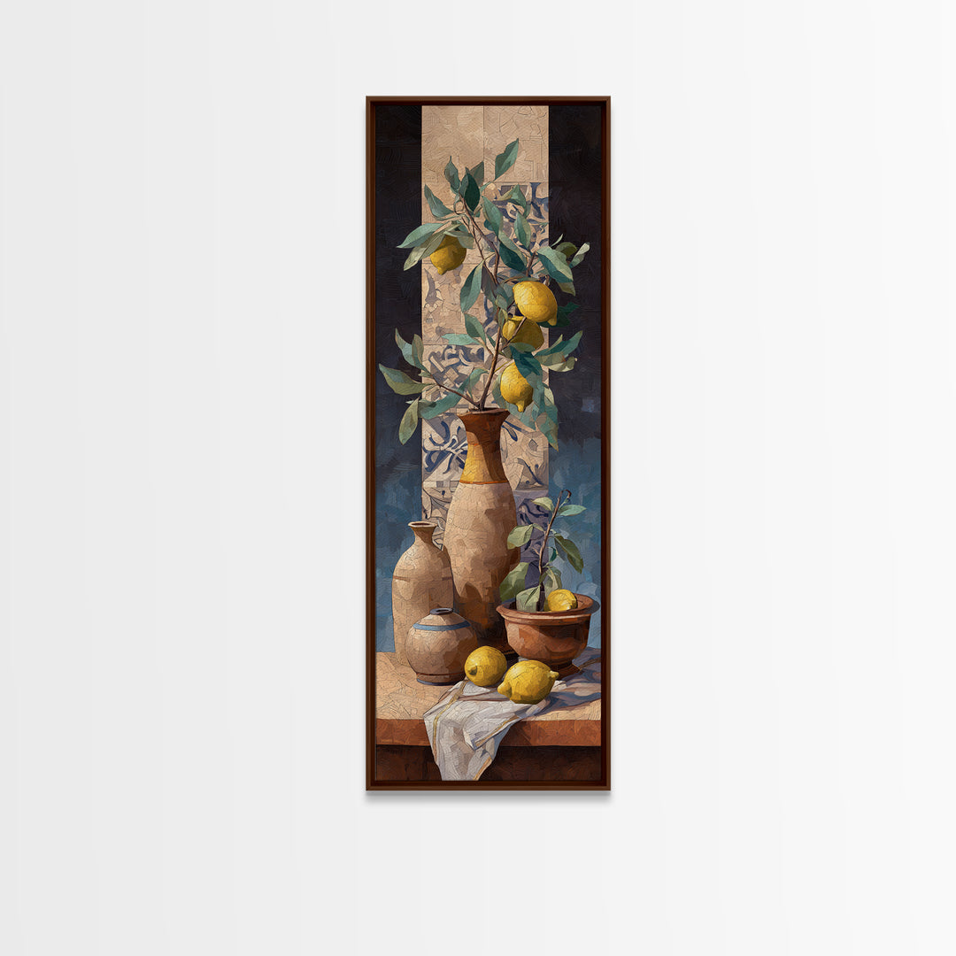 Olive Branch and Lemons on Terracotta Ground Canvas Print, Mediterranean Art, Beach Prints, Living Room Decor, Azure, MAR-1x3-62