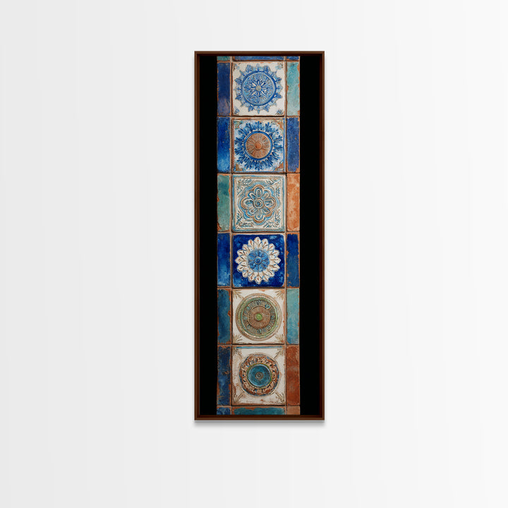Blue and White Tile Pattern Framed Canvas Print, Mediterranean Art, Printable Wall Art, Living Room Decor, Fine Art, Azure, MAR-1x3-64