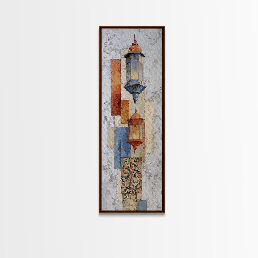 Moroccan Influenced Lantern Framed Canvas Print, Mediterranean Art, Travel Poster, Living Room Decor, Oil Painting, Azure, MAR-1x3-69