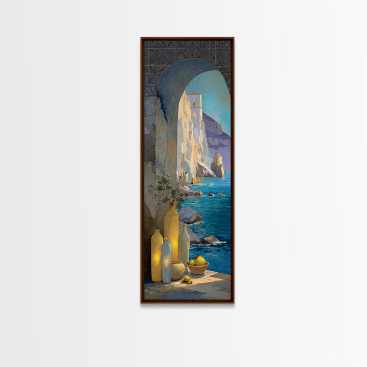 Coastal Cliffs with Sparkling Blue Water Framed Canvas Print, Mediterranean Art, Beach Prints, Living Room Decor, Azure, MAR-1x3-8