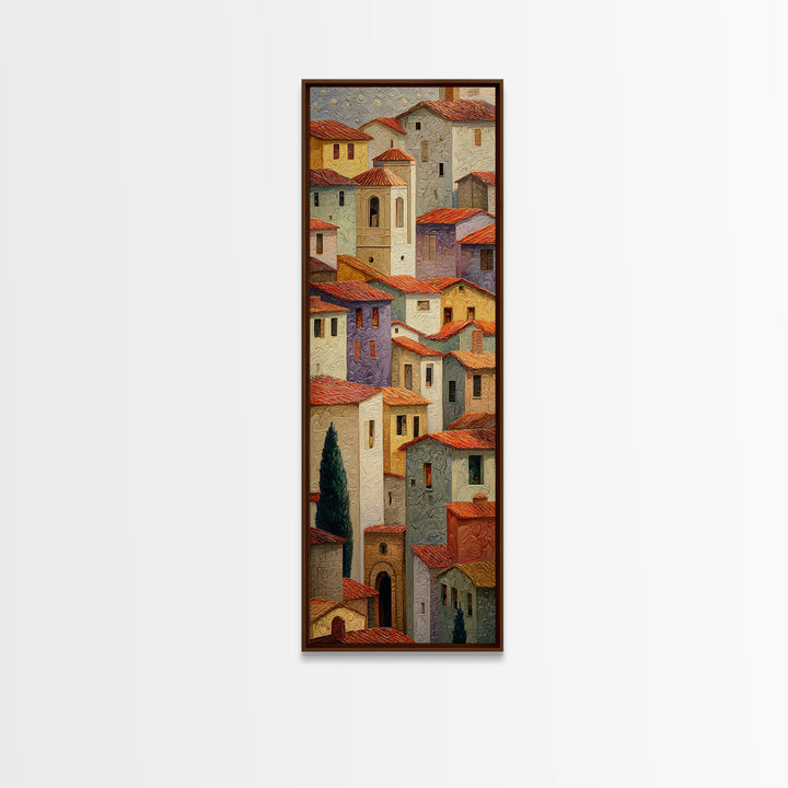 Sunset over Red Tiled Rooftops Framed Canvas Print, Mediterranean Art, Digital Print, Living Room Decor, Fine Art, Azure, MAR-1x3-83