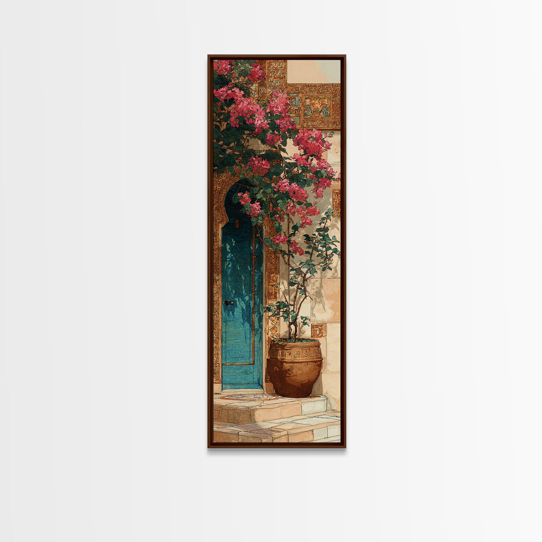 Bougainvillea Cascading over Stone Wall Canvas Print, Mediterranean Art, Watercolor Painting, Living Room Decor, Azure, MAR-1x3-89