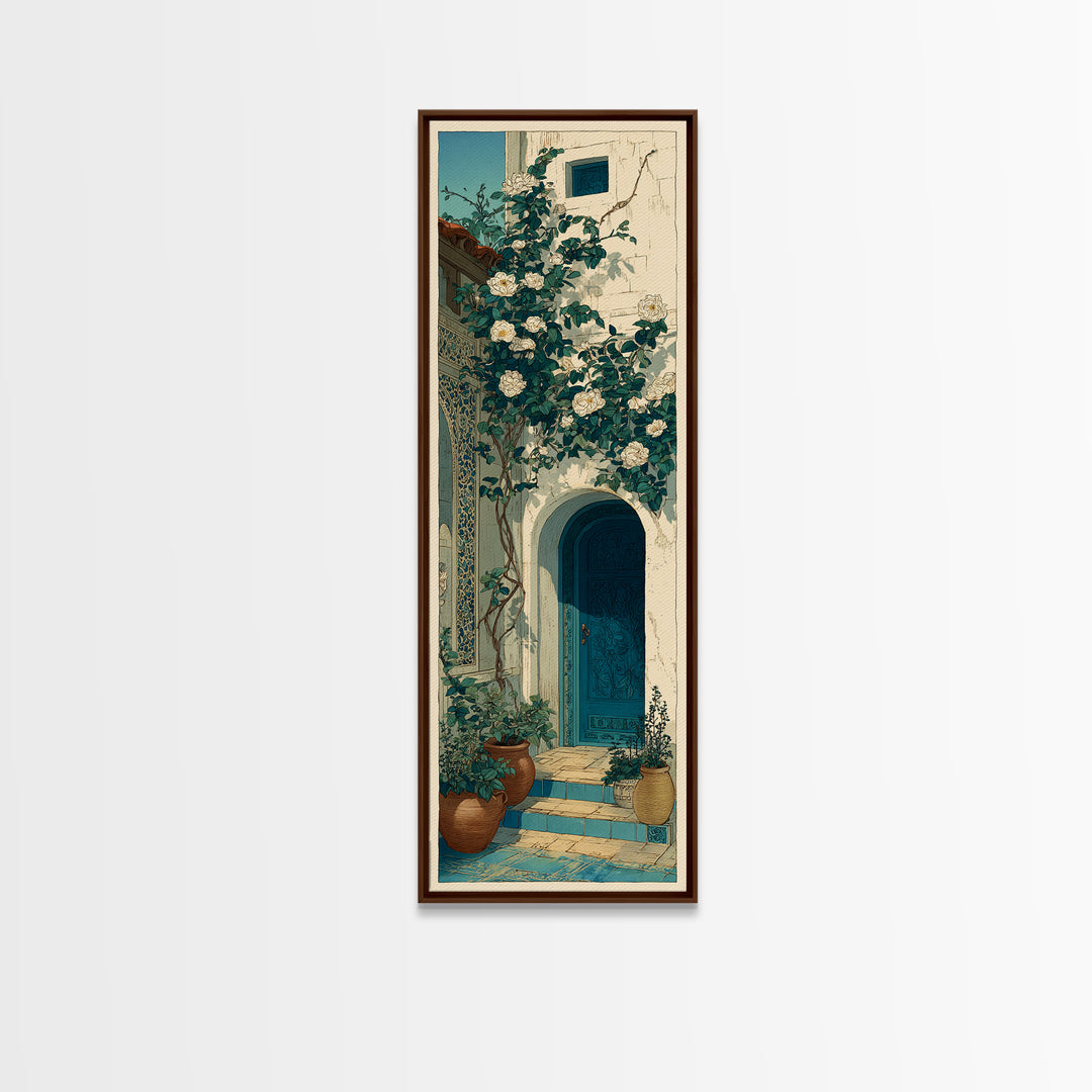 Sunlit Courtyard Doorway Canvas Print, Mediterranean Art, Nautical Decor, Living Room Decor, Oil Painting, Azure, MAR-1x3-95