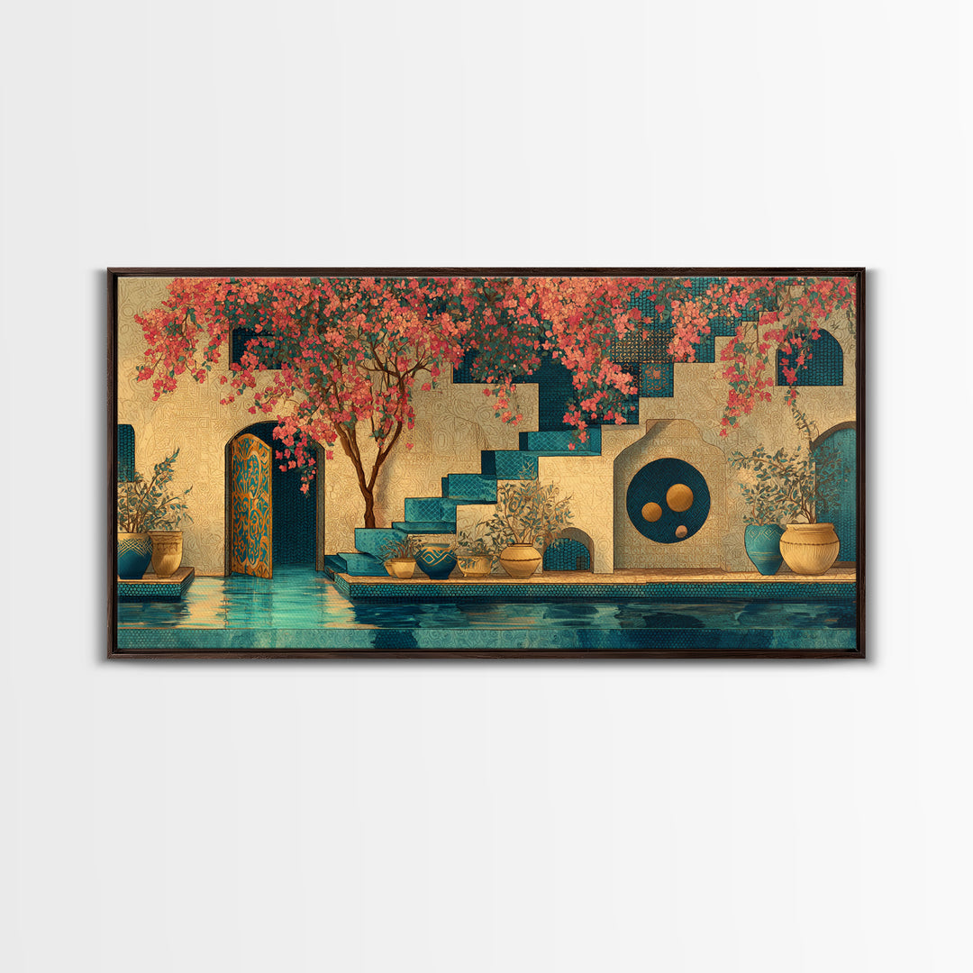 Bougainvillea Cascading over Stone Wall Framed Canvas Print, Mediterranean Art, Art Print, Living Room Decor, Fine Art, Azure, MAR-2x1-1