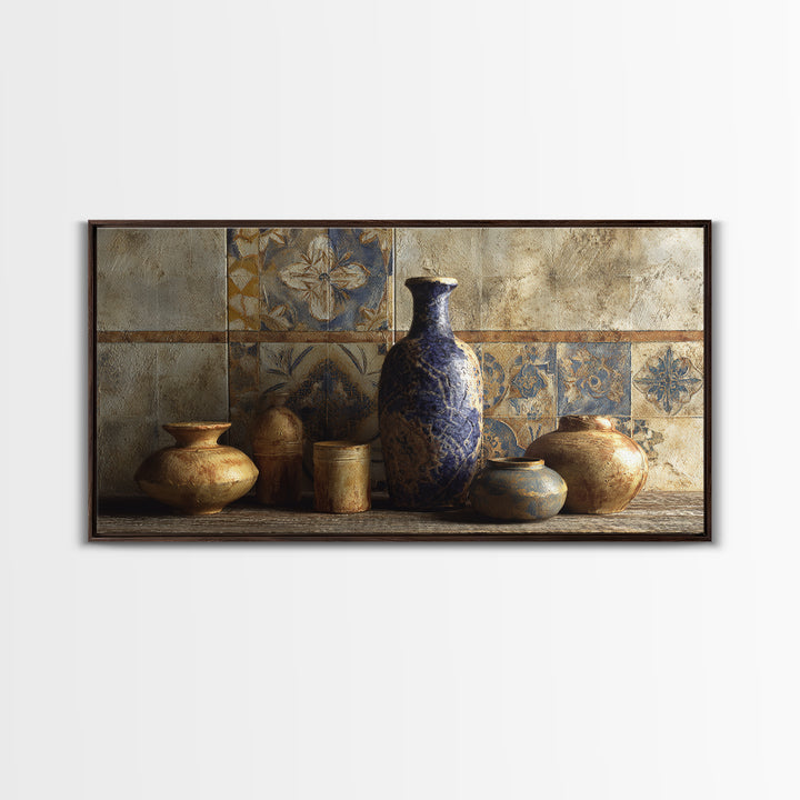 Spanish Tile Ornament Framed Canvas Print, Mediterranean Art, Luxury Decor, Living Room Decor, Fine Art, Azure, Framed Wall Art, MAR-2x1-12