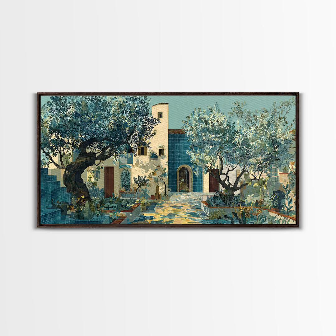 Olive Grove under Pale Morning Light Framed Canvas Print, Mediterranean Art, Boho Decor, Living Room Decor, Fine Art, Azure, MAR-2x1-13