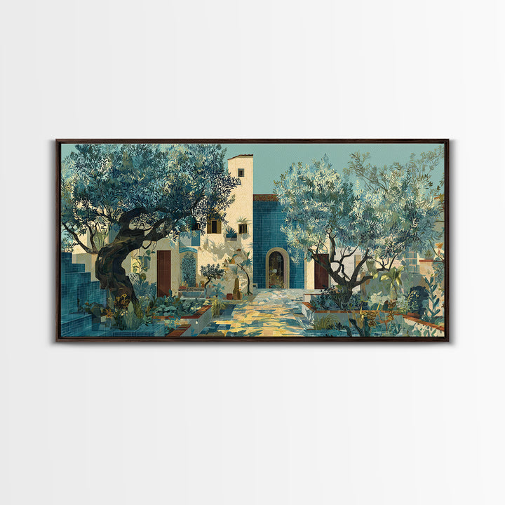 Olive Grove under Pale Morning Light Framed Canvas Print, Mediterranean Art, Boho Decor, Living Room Decor, Fine Art, Azure, MAR-2x1-13