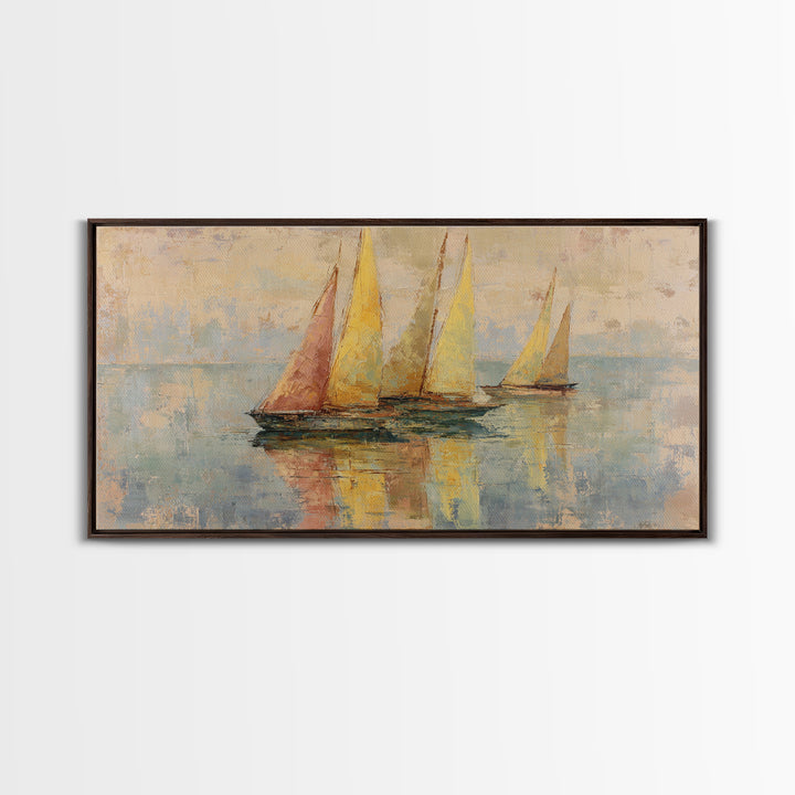 Mediterranean Sailboat on Glassy Water Framed Canvas Print, Mediterranean Art, Travel Poster, Living Room Decor, Watercolor Art, MAR-2x1-14