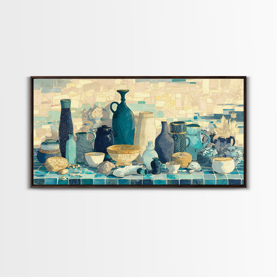 Coastal Cliffs with Sparkling Blue Water Framed Canvas Print, Mediterranean Art, Modern Decor, Living Room Decor, Azure, MAR-2x1-16