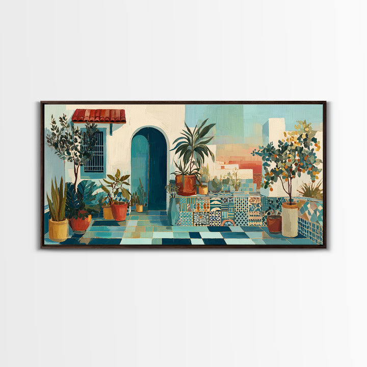 Sunset over Red Tiled Rooftops Framed Canvas Print, Mediterranean Art, Gallery Wall Art, Living Room Decor, Fine Art, Azure, MAR-2x1-19