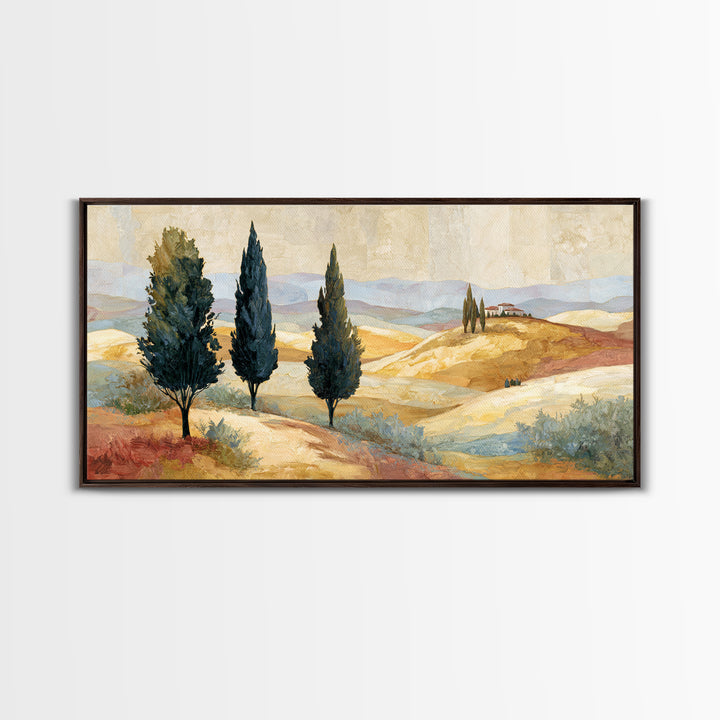 Tuscan Cypress Trees and Golden Hillside Canvas Print, Mediterranean Art, Neutral Decor, Living Room Decor, Abstract Art, Azure, MAR-2x1-2