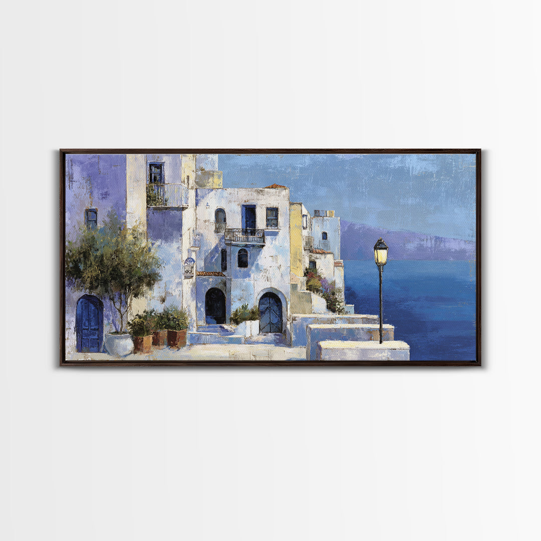 Greek Island White Buildings Above Blue Sea Canvas Print, Mediterranean Art, Luxury Decor, Living Room Decor, Oil Painting, MAR-2x1-21