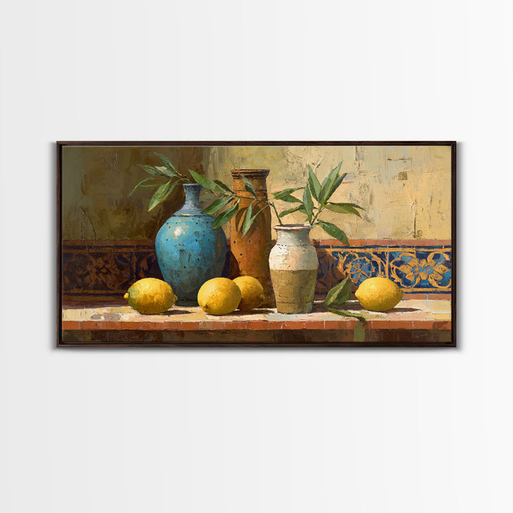 Olive Branch and Lemons on Terracotta Ground Canvas Print, Mediterranean Art, Wall Decor, Living Room Decor, Fine Art, Azure, MAR-2x1-22