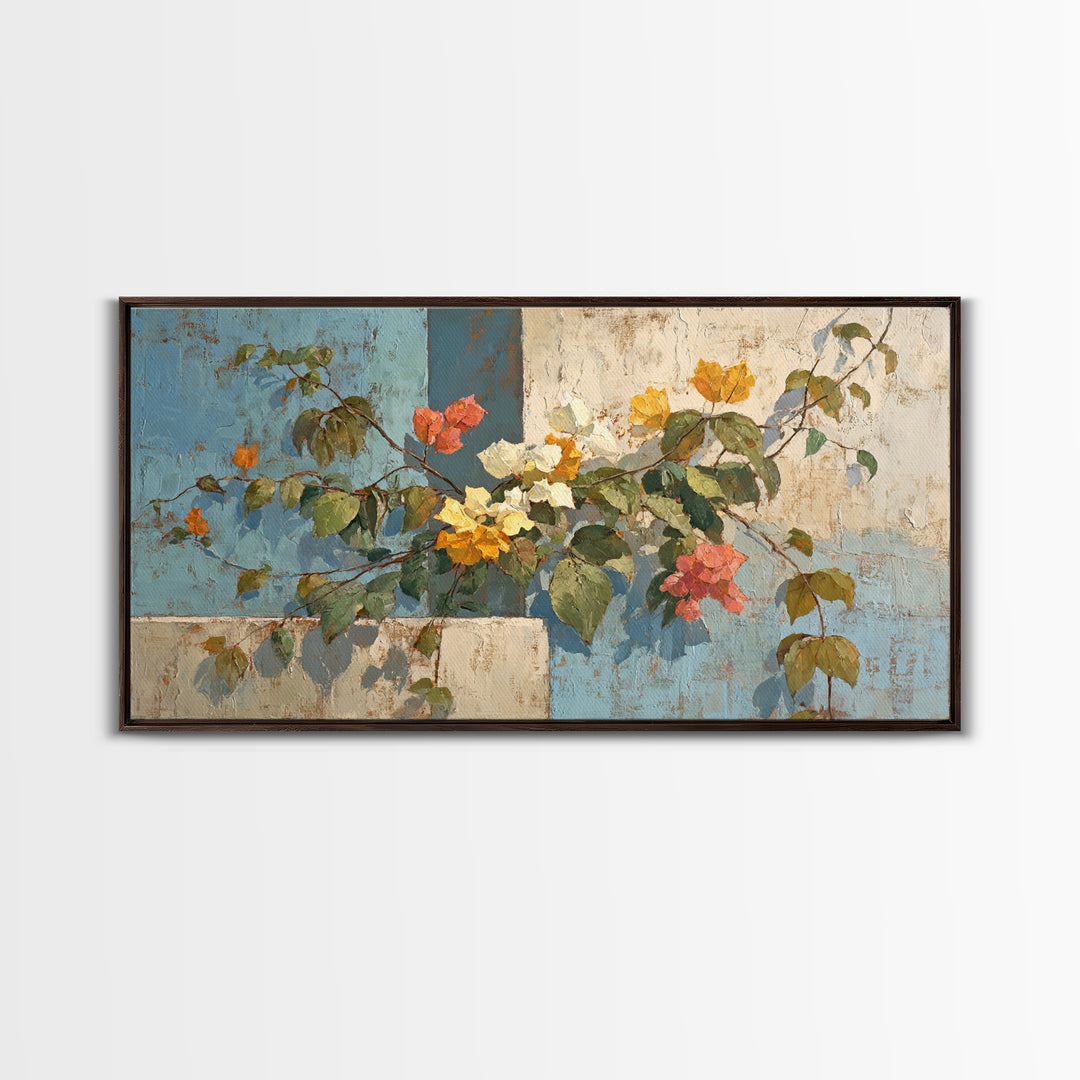 Bougainvillea Cascading over Stone Wall Framed Canvas Print, Mediterranean Art, Art Print, Living Room Decor, Fine Art, Azure, MAR-2x1-25