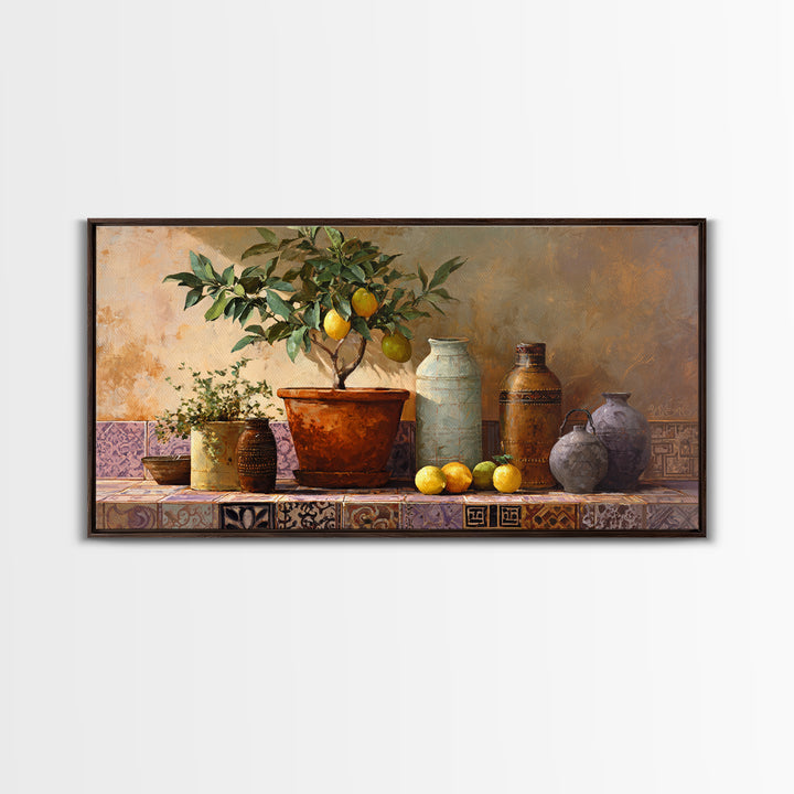 Citrus Tree in Clay Pot Framed Canvas Print, Mediterranean Art, Modern Decor, Living Room Decor, Fine Art, Azure, MAR-2x1-30