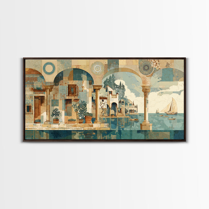 Ancient Column with Sea and Sky Beyond Canvas Print, Mediterranean Art, Minimalist Decor, Living Room Decor, Oil Painting, MAR-2x1-32