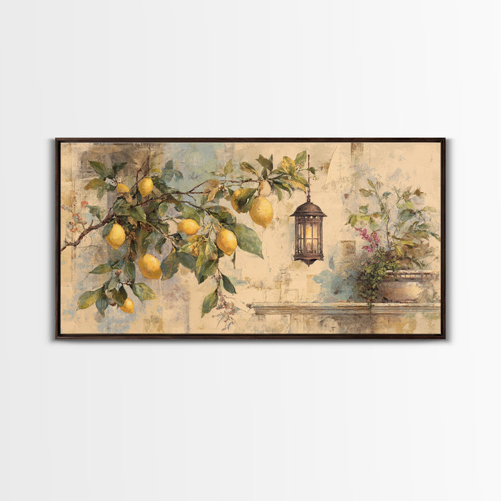 Sicilian Lemon Branch on Ivory Background Canvas Print, Mediterranean Art, Statement Artwork, Living Room Decor, Azure, MAR-2x1-33