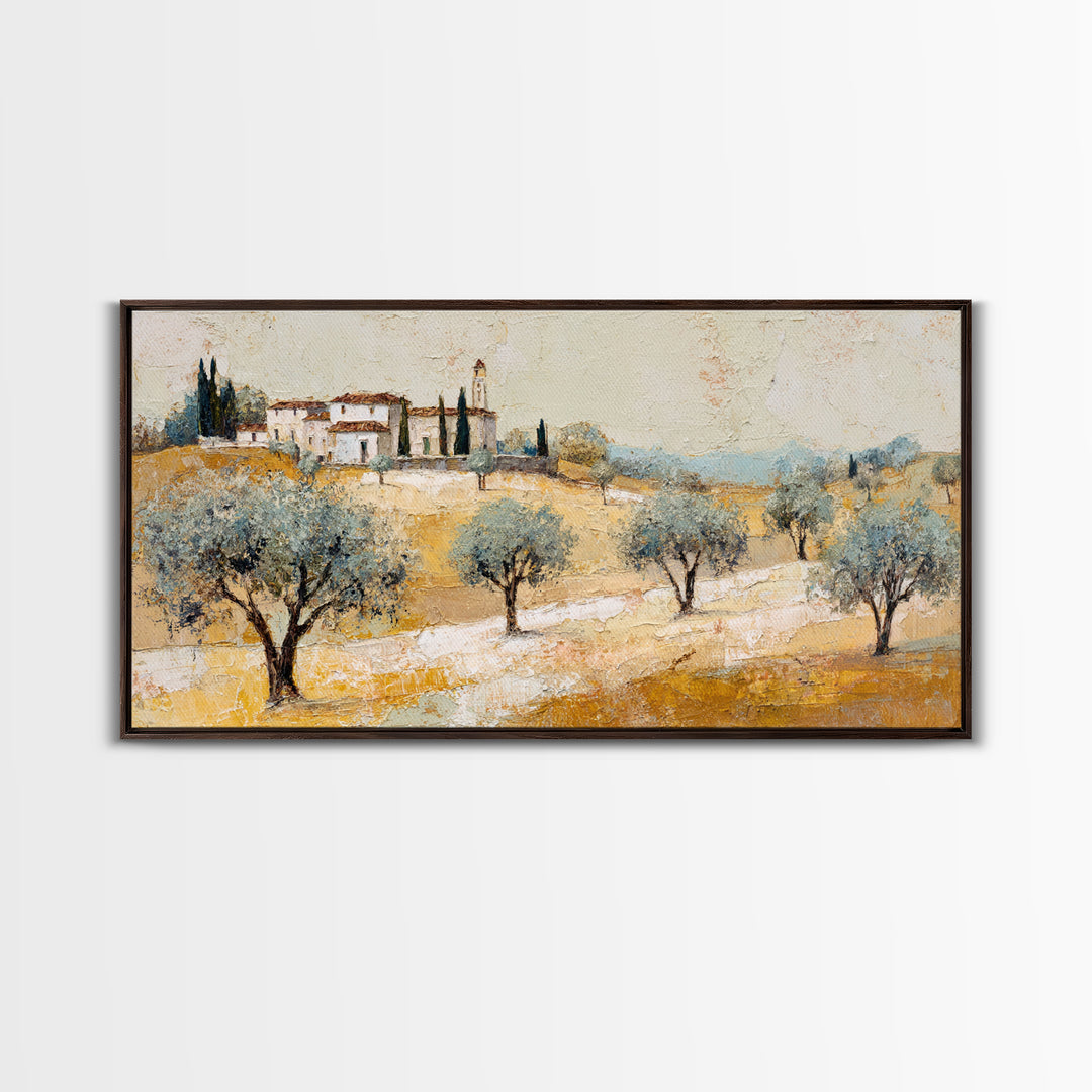 Olive Grove under Pale Morning Light Framed Canvas Print, Mediterranean Art, Boho Decor, Living Room Decor, Fine Art, Azure, MAR-2x1-37