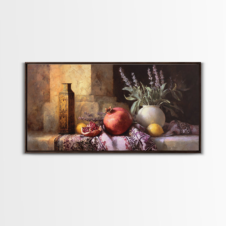 Pomegranate Still Life Canvas Print, Mediterranean Art, Living Room Decor, Oil Painting, Azure, Modern Wall Art, MAR-2x1-39