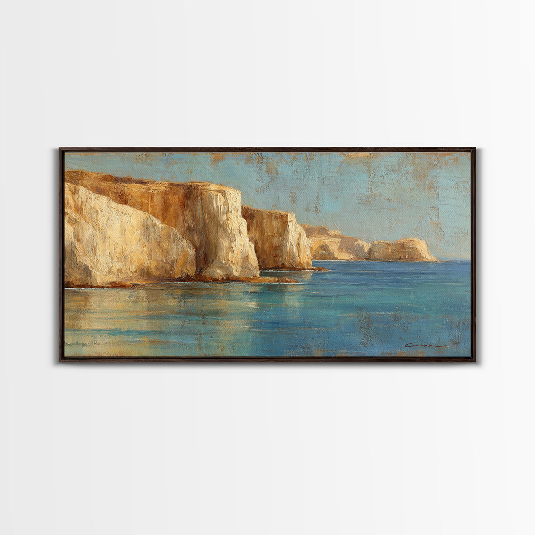 Coastal Cliffs with Sparkling Blue Water Framed Canvas Print, Mediterranean Art, Home Decor, Living Room Decor, Fine Art, Azure, MAR-2x1-40