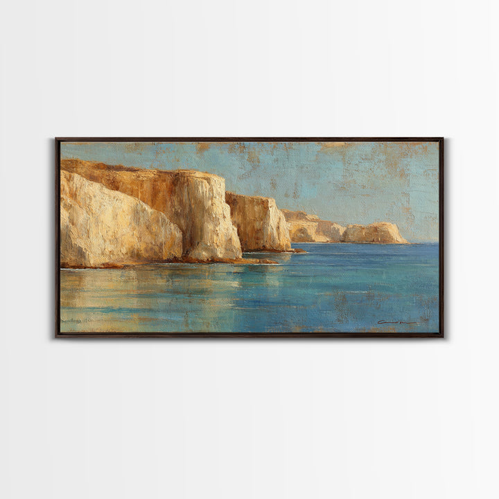Coastal Cliffs with Sparkling Blue Water Framed Canvas Print, Mediterranean Art, Home Decor, Living Room Decor, Fine Art, Azure, MAR-2x1-40