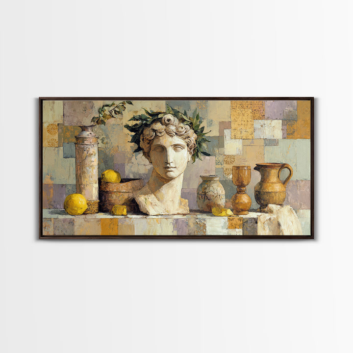 Roman Statue Bust Framed Canvas Print, Mediterranean Art, Gallery Decor, Living Room Decor, Fine Art, Azure, Minimalist Decor, MAR-2x1-42