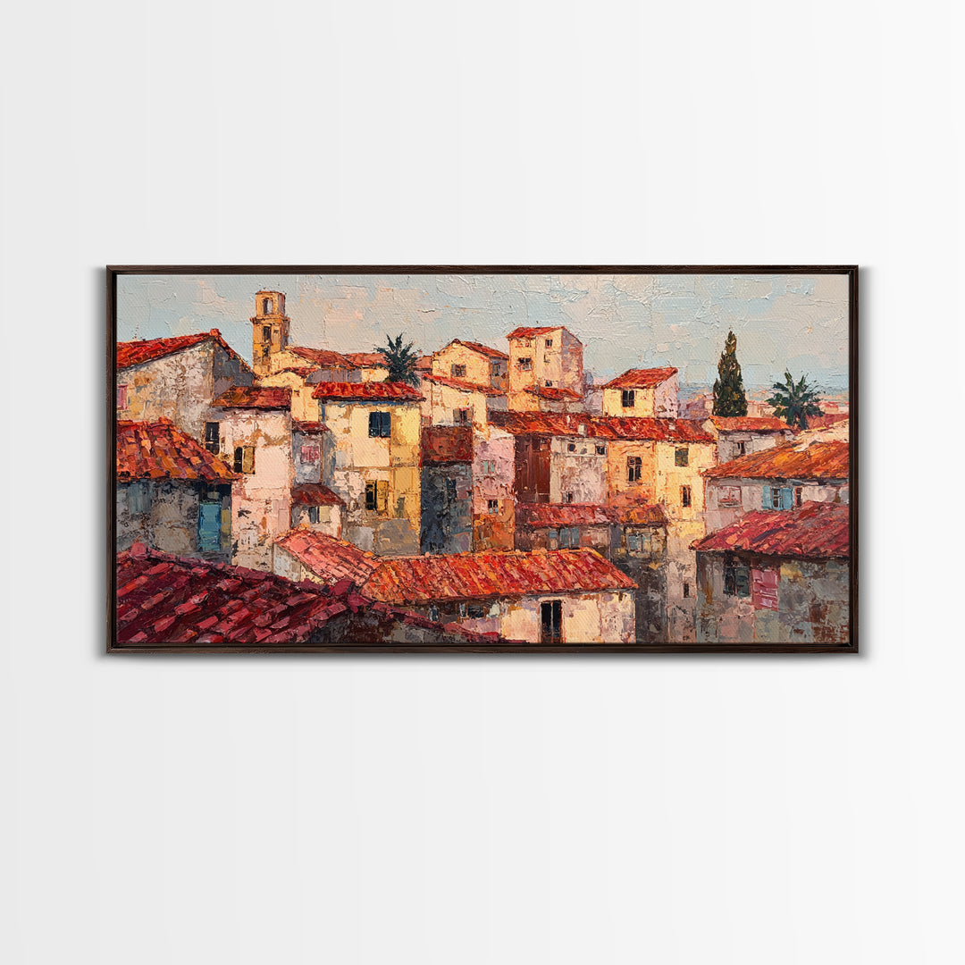Sunset over Red Tiled Rooftops Framed Canvas Print, Mediterranean Art, Original Painting, Living Room Decor, Fine Art, Azure, MAR-2x1-43