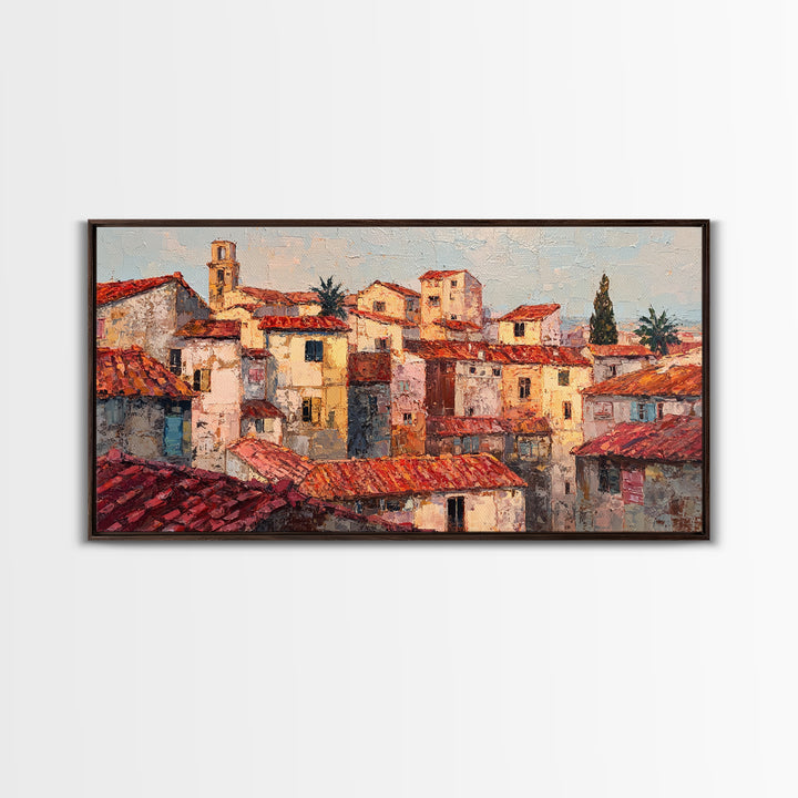 Sunset over Red Tiled Rooftops Framed Canvas Print, Mediterranean Art, Original Painting, Living Room Decor, Fine Art, Azure, MAR-2x1-43
