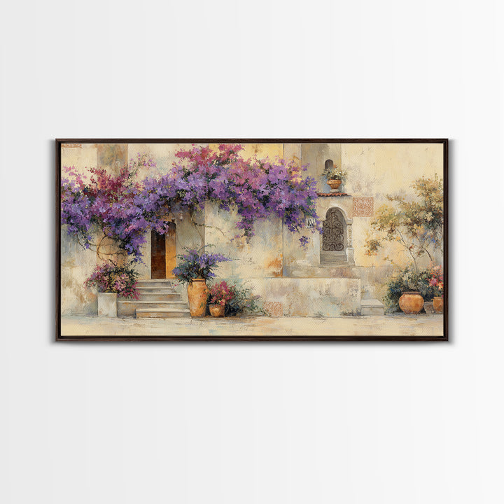 Bougainvillea Cascading over Stone Wall Canvas Print, Mediterranean Art, Home Decor, Living Room Decor, Fine Art, Azure, MAR-2x1-49