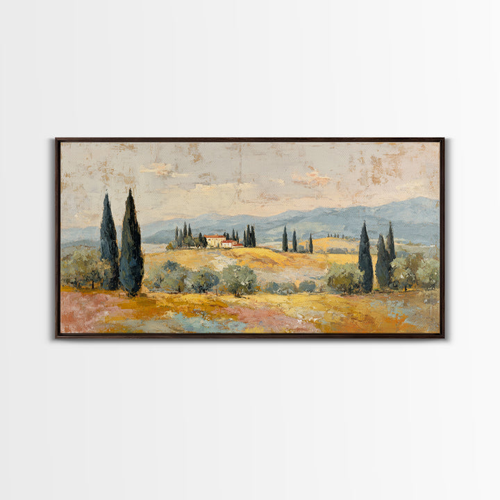 Tuscan Cypress Trees and Golden Hillside Framed Canvas Print, Mediterranean Art, Luxury Decor, Living Room Decor, Azure, MAR-2x1-50