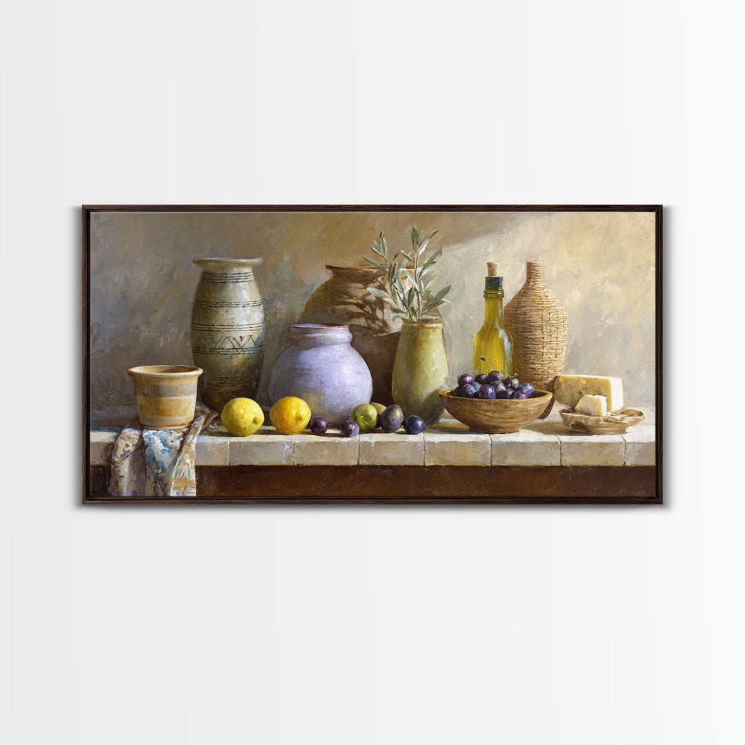 Figs Olives and Cheese Still Life Canvas Print, Mediterranean Art, Oil Painting, Living Room Decor, Azure, Nautical Decor, MAR-2x1-52