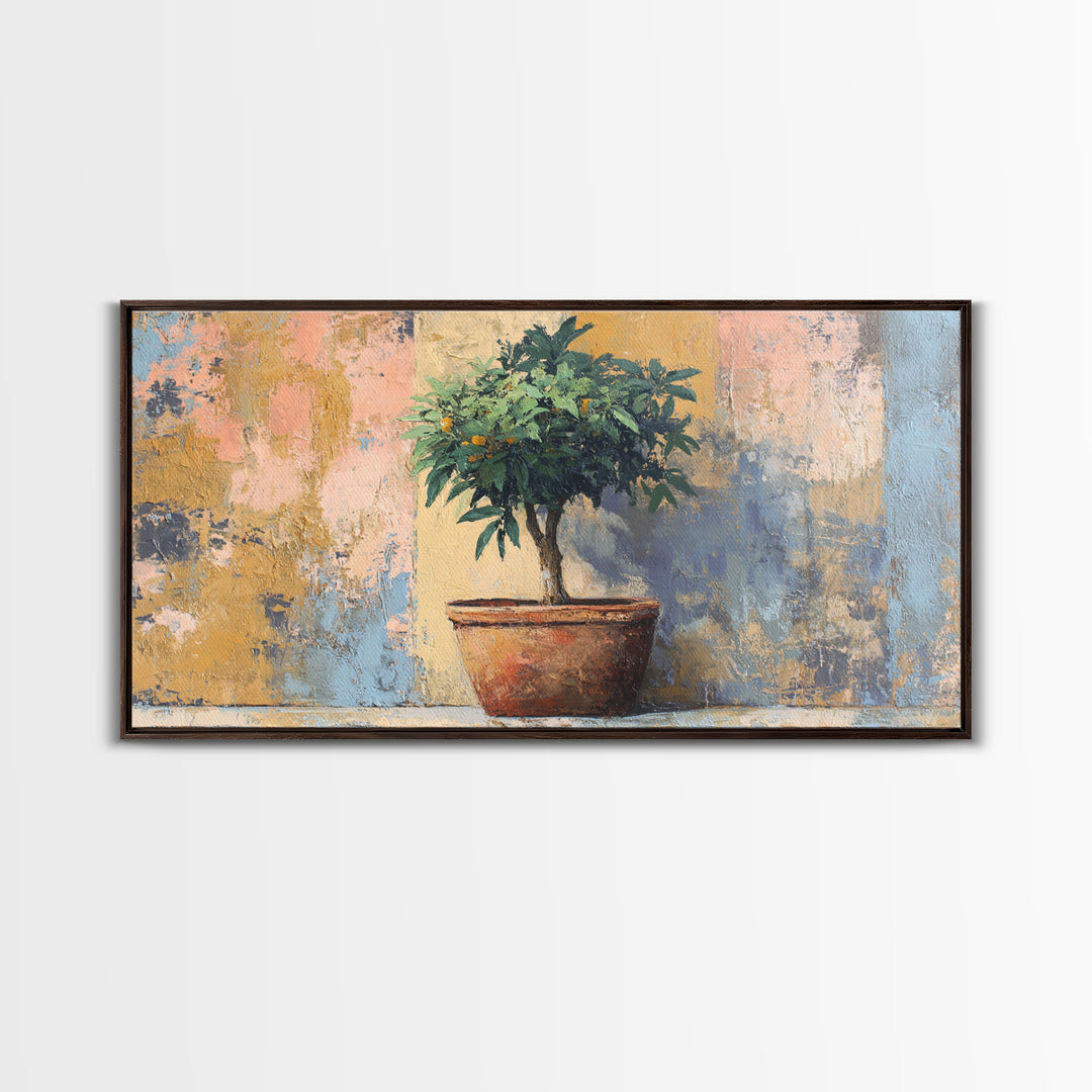 Citrus Tree in Clay Pot Framed Canvas Print, Mediterranean Art, Modern Decor, Living Room Decor, Fine Art, Azure, MAR-2x1-6