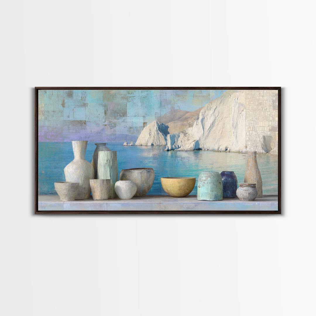Coastal Cliffs with Sparkling Blue Water Canvas Print, Mediterranean Art, Framed Wall Art, Living Room Decor, Fine Art, Azure, MAR-2x1-64