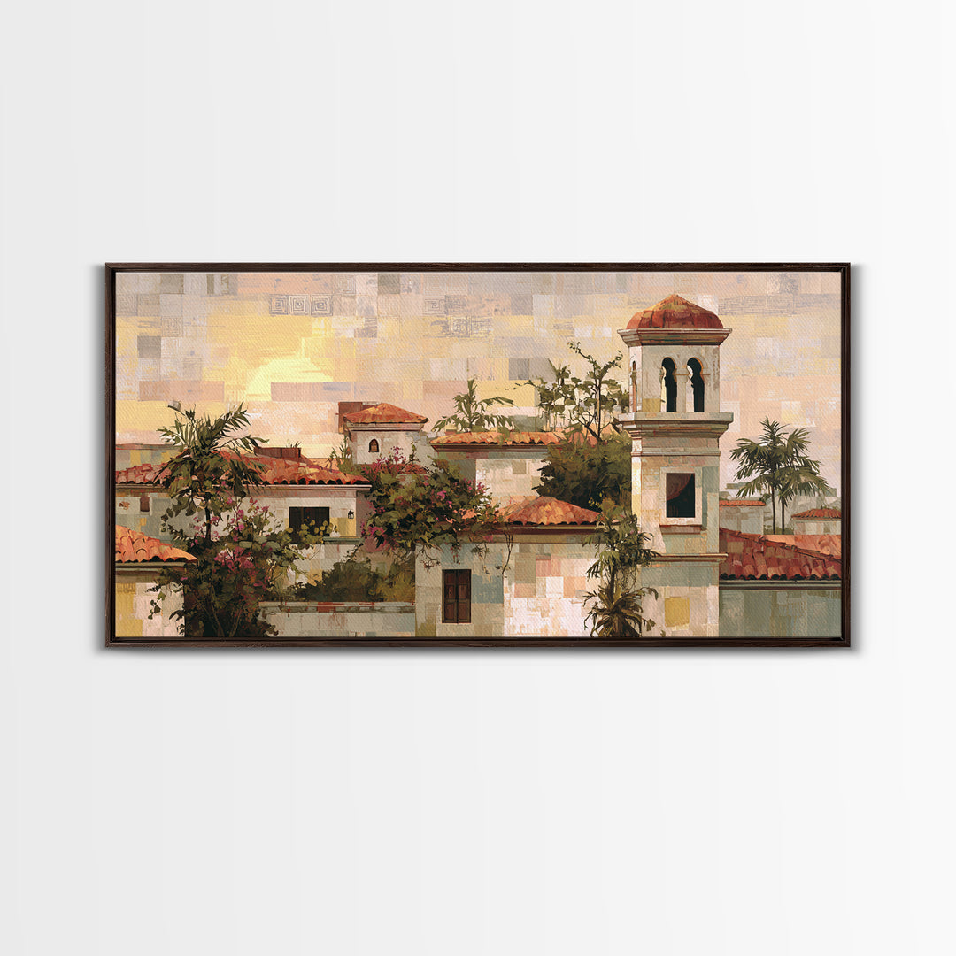 Sunset over Red Tiled Rooftops Framed Canvas Print, Mediterranean Art, Landscape Wall Art, Living Room Decor, Fine Art, Azure, MAR-2x1-67