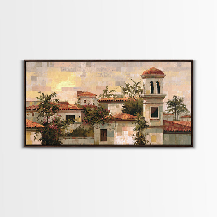 Sunset over Red Tiled Rooftops Framed Canvas Print, Mediterranean Art, Landscape Wall Art, Living Room Decor, Fine Art, Azure, MAR-2x1-67