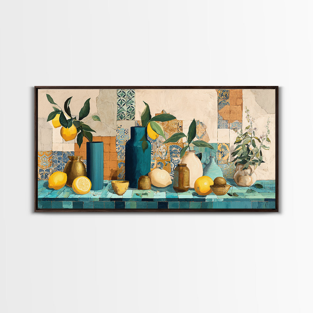Olive Branch and Lemons on Terracotta Ground Canvas Print, Mediterranean Art, Minimalist Decor, Living Room Decor, Oil Painting, MAR-2x1-70