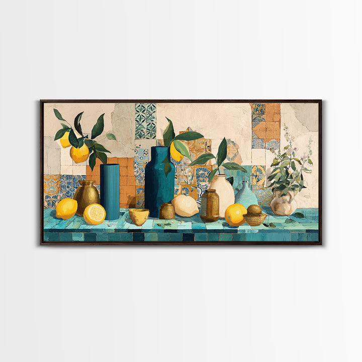 Olive Branch and Lemons on Terracotta Ground Canvas Print, Mediterranean Art, Minimalist Decor, Living Room Decor, Oil Painting, MAR-2x1-70