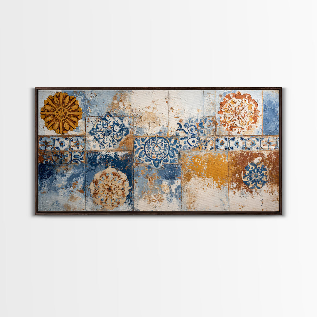 Blue and White Tile Pattern Framed Canvas Print, Mediterranean Art, Printable Art, Living Room Decor, Fine Art, Azure, MAR-2x1-72