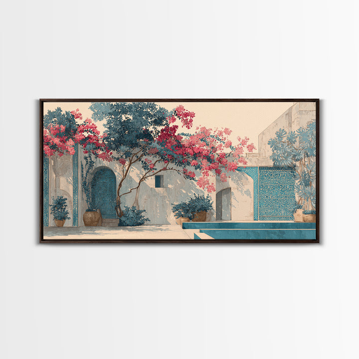Bougainvillea Cascading over Stone Wall Canvas Print, Mediterranean Art, Home Decor, Living Room Decor, Fine Art, Azure, MAR-2x1-73