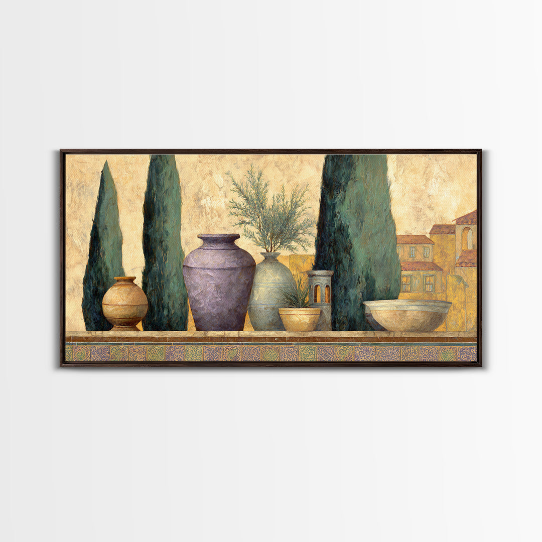 Tuscan Cypress Trees and Golden Hillside Canvas Print, Mediterranean Art, Living Room Decor, Watercolor Art, Azure, MAR-2x1-74