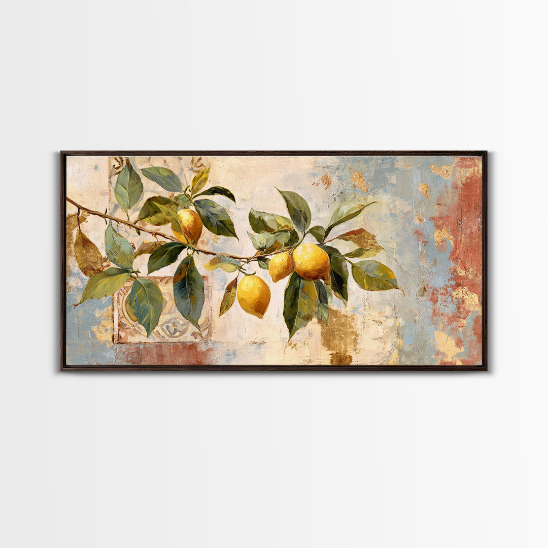 Sicilian Lemon Branch on Ivory Background Framed Canvas Print, Mediterranean Art, Original Painting, Living Room Decor, Azure, MAR-2x1-81