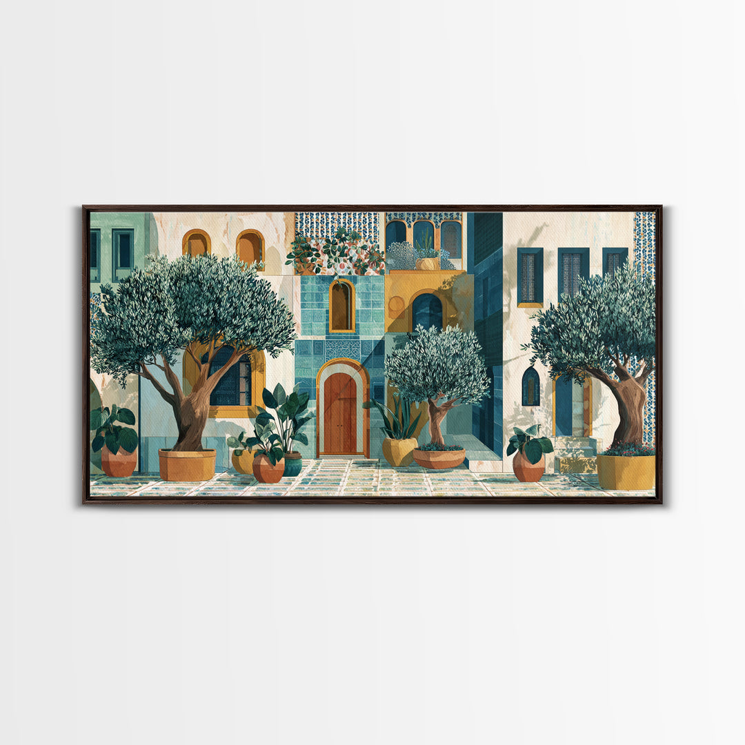 Olive Grove under Pale Morning Light Framed Canvas Print, Mediterranean Art, Oil Painting, Living Room Decor, Fine Art, Azure, MAR-2x1-85