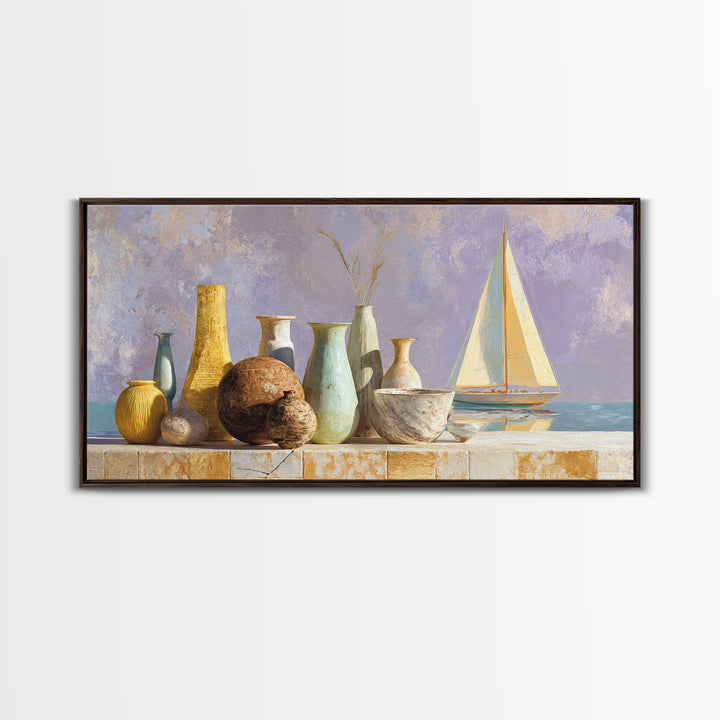 Mediterranean Sailboat on Glassy Water Framed Canvas Print, Mediterranean Art, Textured Painting, Living Room Decor, Azure, MAR-2x1-86