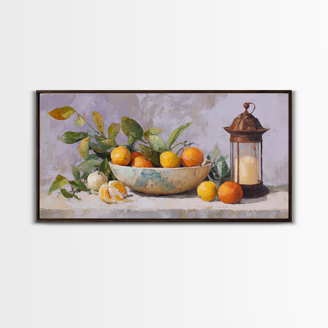 Ceramic Bowl of Oranges and Leaves Canvas Print, Mediterranean Art, Digital Wall Art, Living Room Decor, Fine Art, Azure, MAR-2x1-89