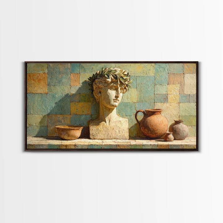Roman Statue Bust Framed Canvas Print, Mediterranean Art, Living Room Decor, Oil Painting, Azure, Farmhouse Decor, MAR-2x1-90