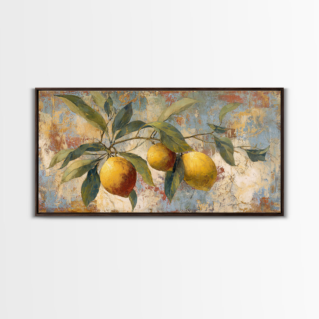 Olive Branch and Lemons on Terracotta Ground Canvas Print, Mediterranean Art, Minimalist Decor, Living Room Decor, Oil Painting, MAR-2x1-94