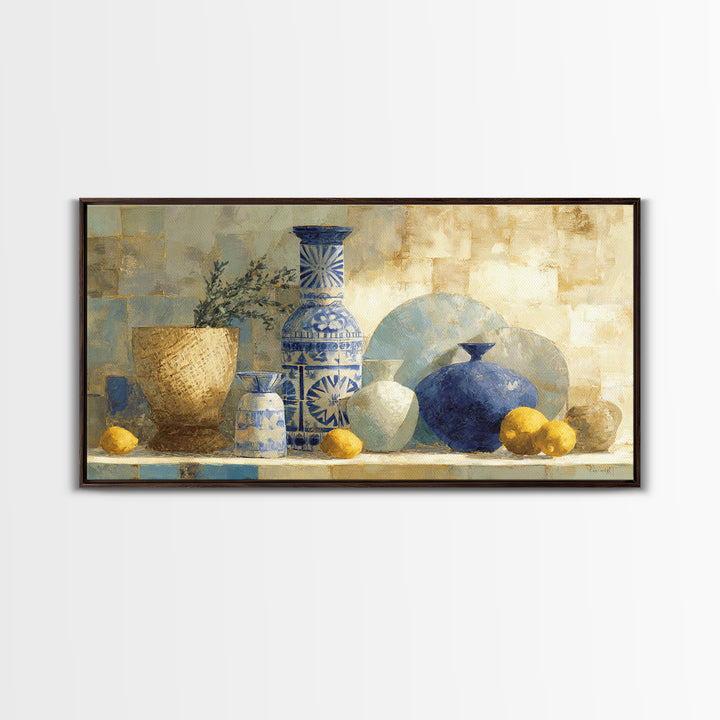 Blue and White Tile Pattern Framed Canvas Print, Mediterranean Art, Coastal Decor, Living Room Decor, Oil Painting, Azure, MAR-2x1-96
