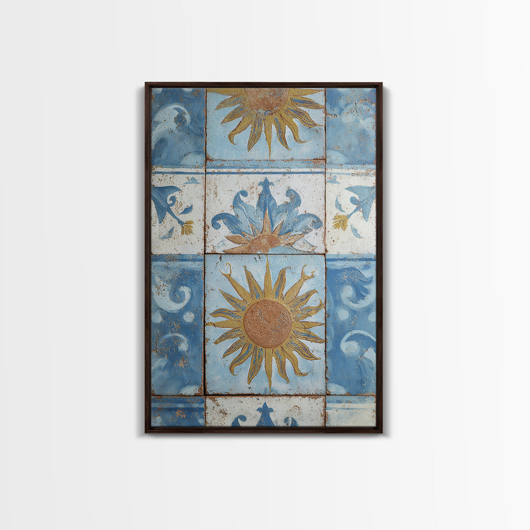 Blue and White Tile Pattern Framed Canvas Print, Mediterranean Art, Fine Art Print, Living Room Decor, Oil Painting, Azure, MAR-2x3-12