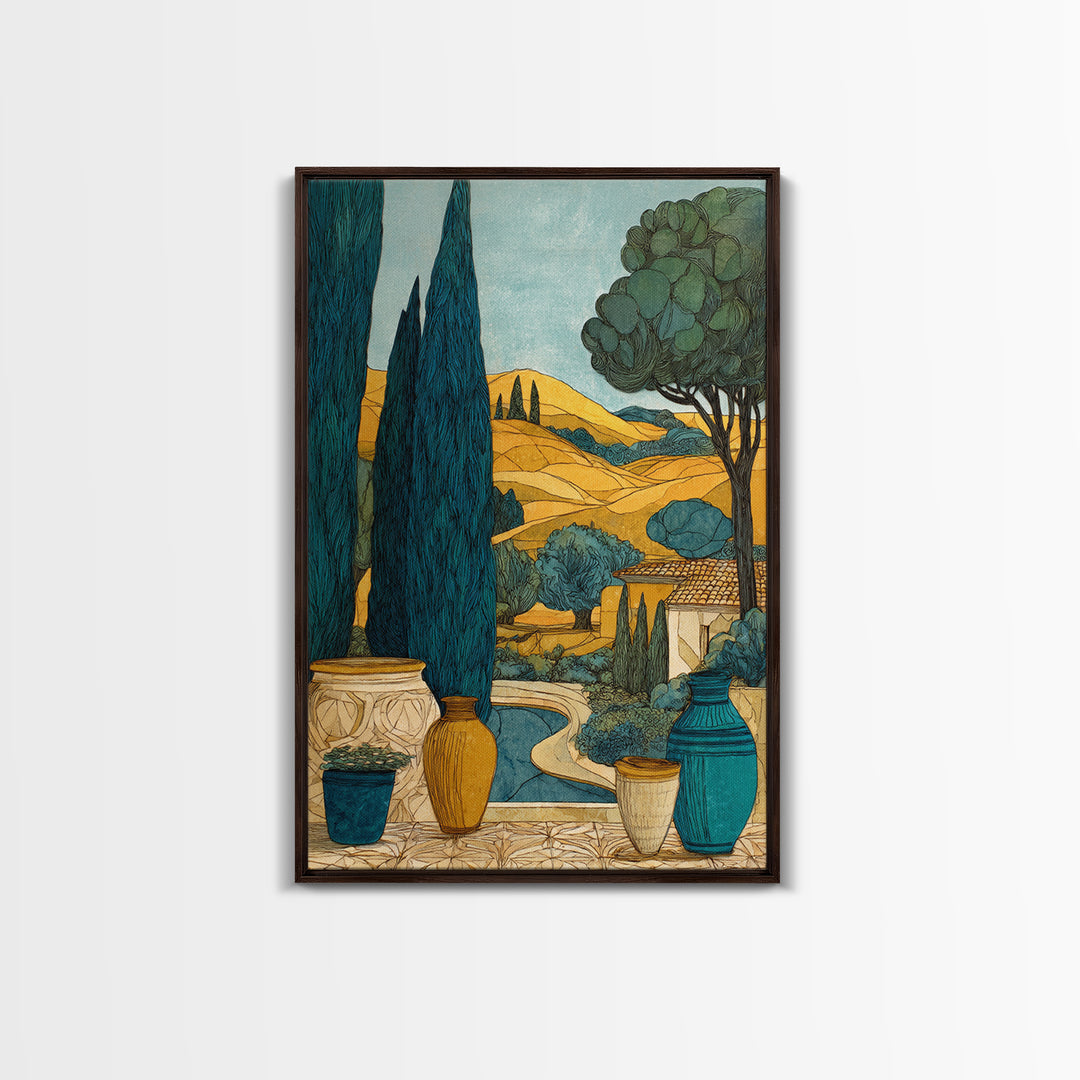 Tuscan Cypress Trees and Golden Hillside Canvas Print, Mediterranean Art, Modern Decor, Living Room Decor, Oil Painting, Azure, MAR-2x3-14