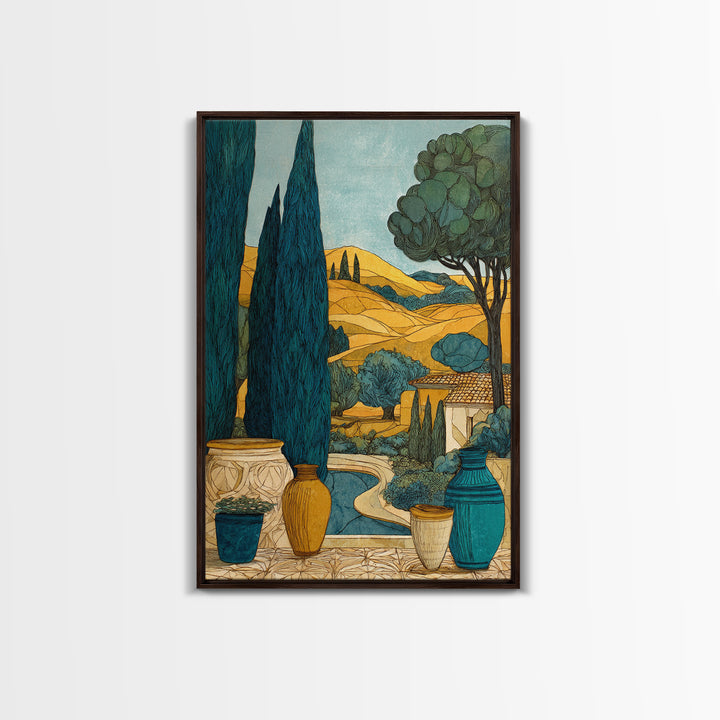 Tuscan Cypress Trees and Golden Hillside Canvas Print, Mediterranean Art, Modern Decor, Living Room Decor, Oil Painting, Azure, MAR-2x3-14